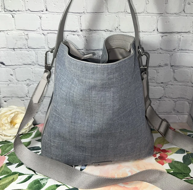 Fossil Maya Hobo Chambray Blue Canvas Gray Leather Convertible Crossbody Purse