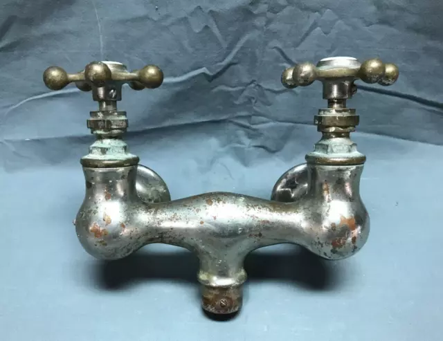 Antique Large Nickel Brass D-I-M Co Bathtub Porcelain Cap Faucet VTG 1765-22B