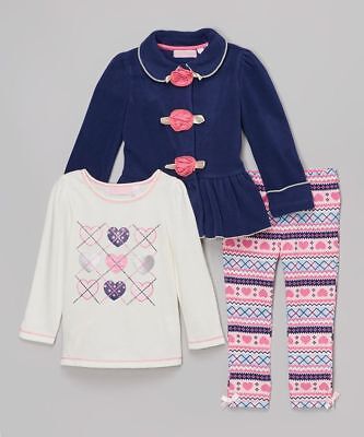 Kids Headquarters Girl 3PC Navy Jacket Pea Coat Heart Top Leggings Outfit Set 6