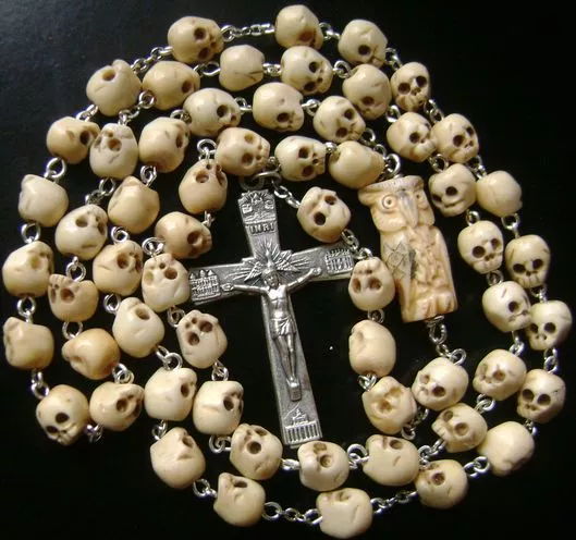 Vintage Tibet Oxen Bone Skull Beads Owl Rosary Crucifix Catholic Necklace Cross