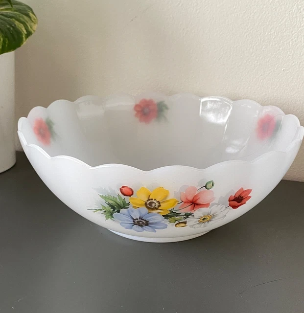 Lot De 3 Saladiers En Verre Arcopal à Facettes, Motif Floral Vintage