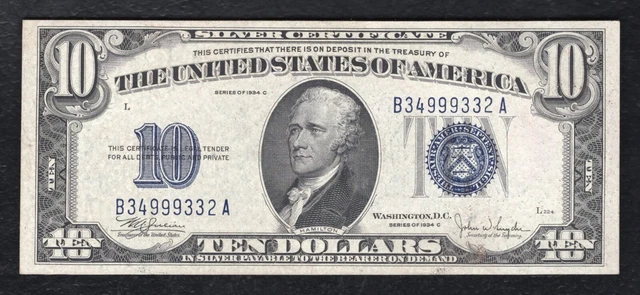 Fr. 1704 1934-C $10 Ten Dollars Silver Certificate Currency Note About Unc