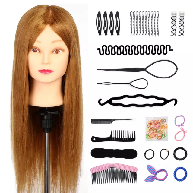 22'' 100% Real Hair Hairdressing Training Head Mannequin Doll Practice Braid SET