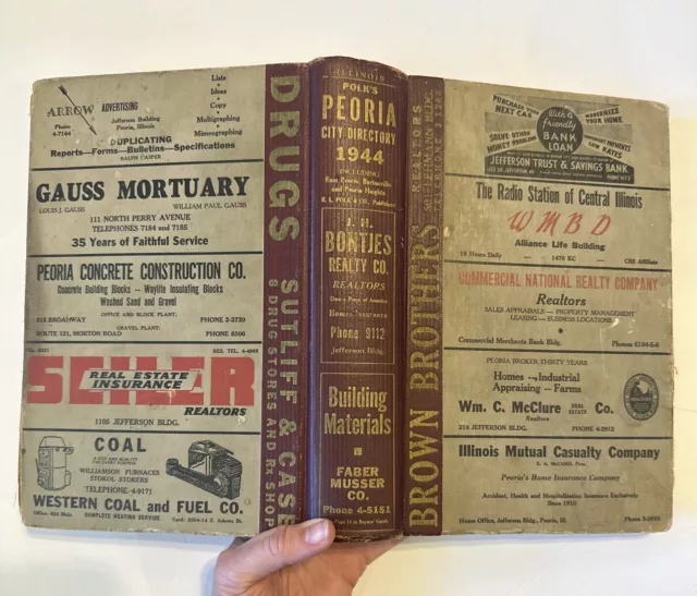 Antique 1944 City Directory Polks Peoria Phone Book Business Advertising VTG WW2