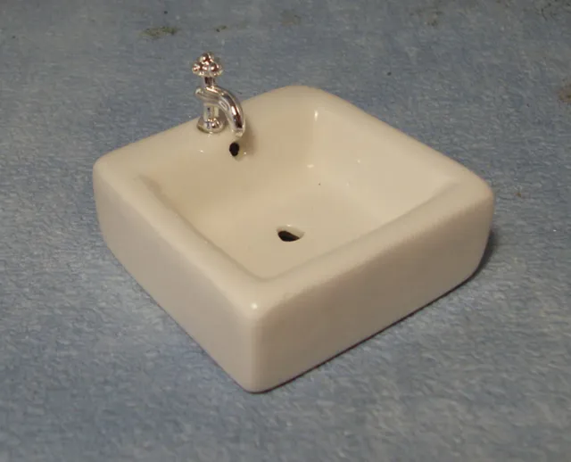 1:12 Square Ceramic Sink With Fitted Tap Dolls House Miniature Kitchen Accessory 2