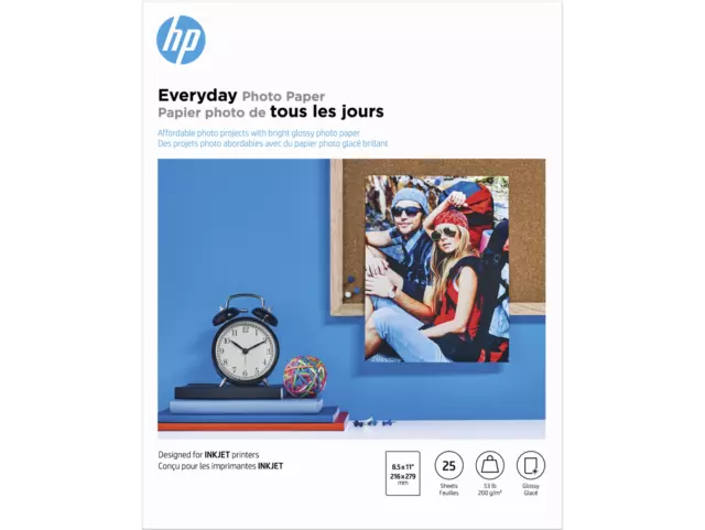 HP Everyday Photo Paper, Glossy, 52 lb, 8.5 x 11 in. (216 x 279 mm), 25 sheets