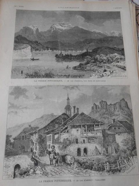 Gravure 1882 - Le Lac d'Annecy vue de St Jorioz et Tailloires