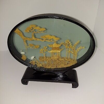Large 9” Vintage Chinese Cork Carving Art Diorama Lacquer China Birds San You