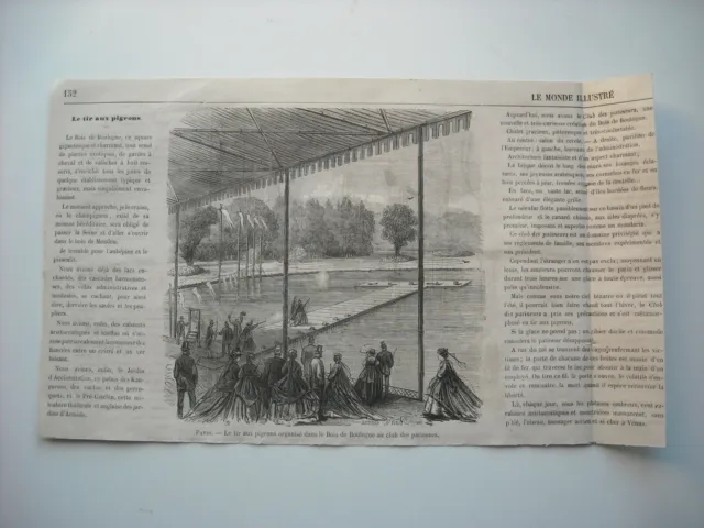 1866 Engraving. Paris. Pigeon Shooting Organizes Boulogne Wood Club Skaters