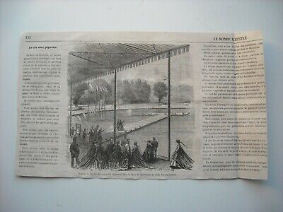 Engraving 1866. paris. firing the pigeons organizes Bois de Boulogne club skaters