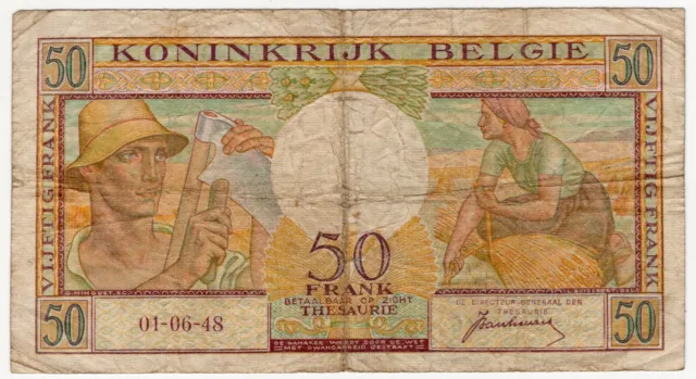 1948 Belgium Fifty 50 Francs World Banknote Nice Bill