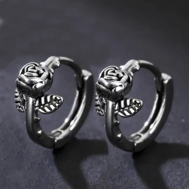 Men Women Silver Rose Flower Huggie Hoop Earrings Stainless Steel Punk Jewelry