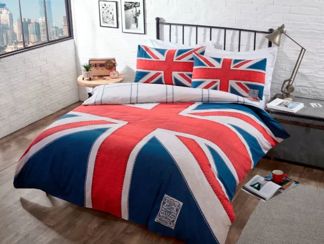 Union Jack Duvet Cover Blue Denim Reversible Printed Quilt Cover Bedding Set