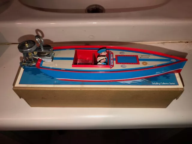 Schylling Tin Mechanical Wind-Up ONE Speedboat with box- Rare Version BLUE SKIES 2