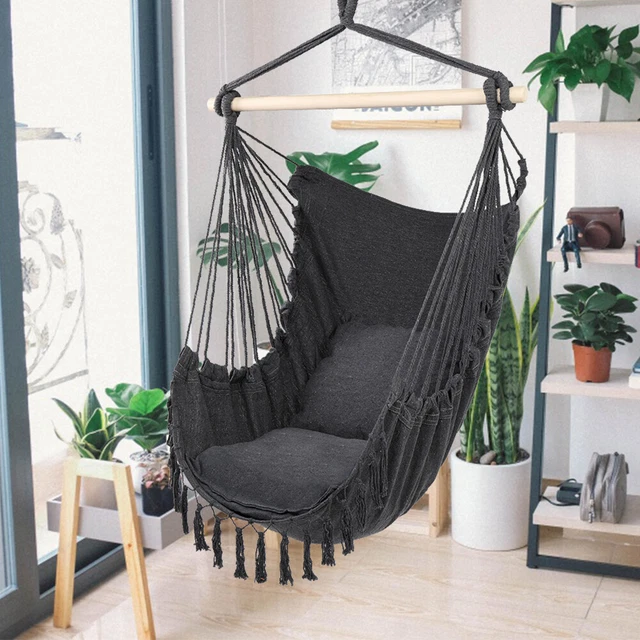Hanging Hammock Swing Chair Outdoor Camping Garden Rope Seat W/ 2 Cushions