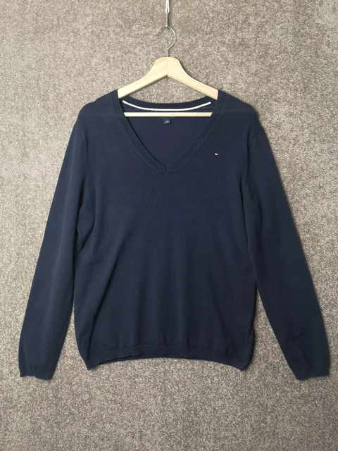 Tommy Hilfiger Navy Blue V-Neck Long Sleeve Cotton Jumper - Women's Large