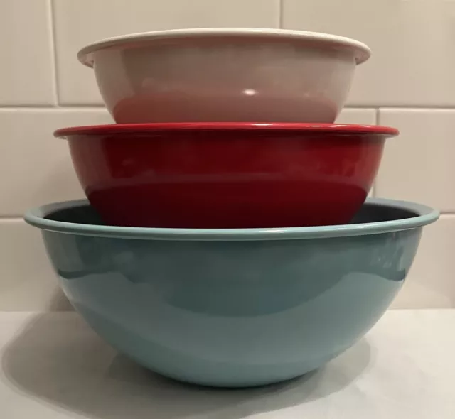 Vintage MCM BROOKPARK Melamine 3 PC MIXING BOWL SET Red White Blue 1960s