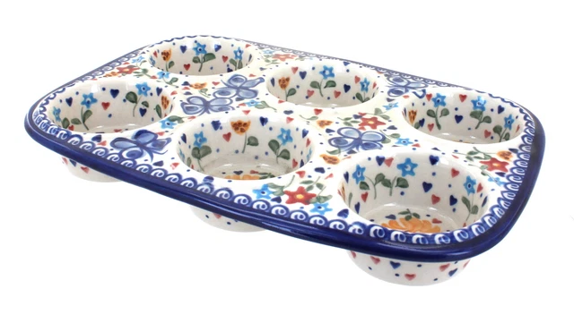 Blue Rose Polish Pottery Butterfly Muffin Pan
