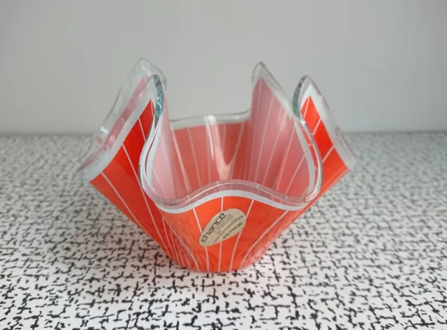 50s 60s Vintage Retro Orange Striped Chance Glass Handkerchief Vase Bowl MCM 2