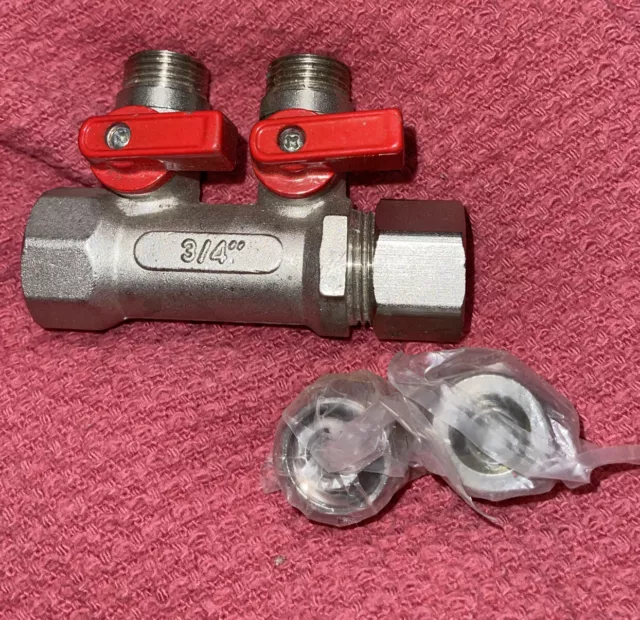 2 Loop Plumbing Manifold w/ 3/4" Trunk & 1/2" PEX Ball Valves, Red Handle