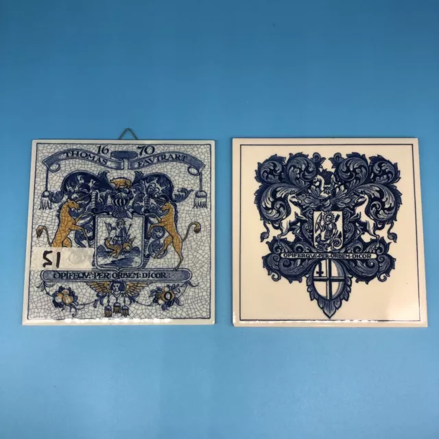 Pair Delft Holland Apothecary Unicorn Dragon Rhino Crest Decorative Tiles 6”x 6”