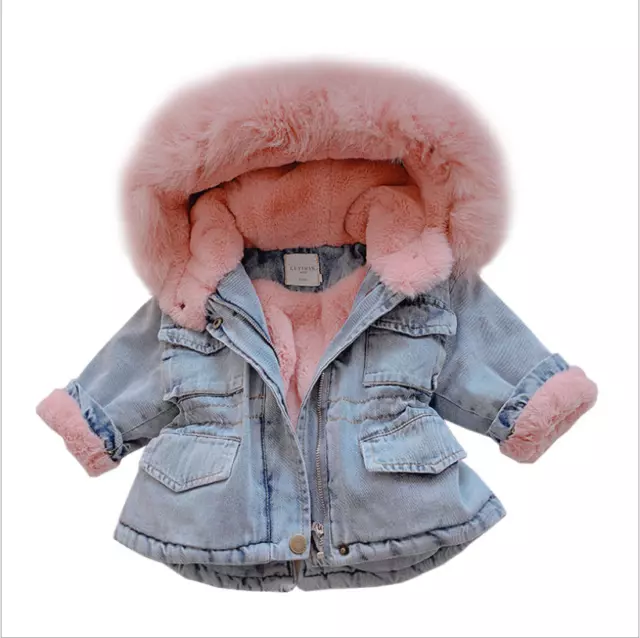 Kids Girls Fur Lining Hooded Coat Winter Fluffy Collar Denim Jacket Jean Outwear