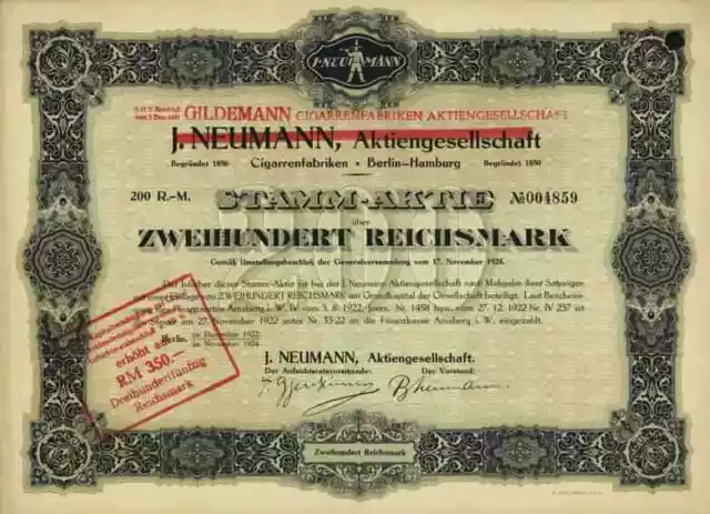 J. Neumann AG 1922 / 1924 Berlin Gildemann Cigarrenfabriken Warstein Tabak 200 M