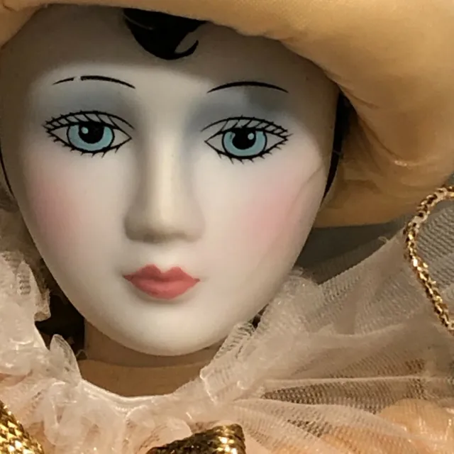 18" Vtg Porcelain Clown Stuffed Doll PIERROT Mime Pantomime