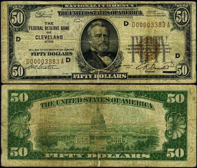 FR. 1880 D $50 1929 Federal Reserve Bank Note Cleveland D-A Block Fine Split Gre