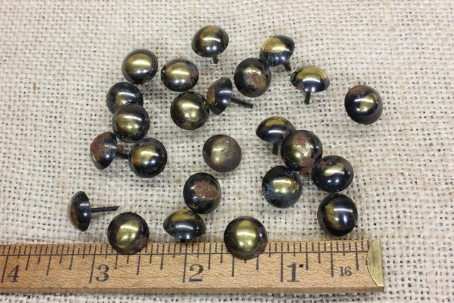 25 old RUSTIC Antique BRASS COLOR TACKS 7/16” Dia upholstery nails round vintage