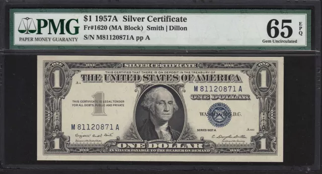 1957A $1 Silver Certificate Note Smith  Dillon PMG Gem Uncirculated 65 EPQ #706