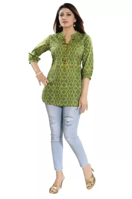 Women Ethnic Short Green Cotton Tie Dye Top Kurti Tunic Kurta Shirt Dress MM133
