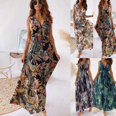 Women Boho Floral V Neck Maxi Long Dress Ladies Holiday Beach Swing Sundress USA