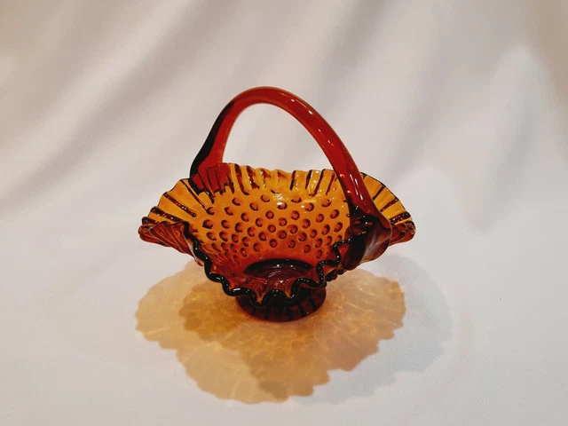 Vintage Dark Amber Hobnail Basket Ruffle Crimp Edge 5 1/4" tall x 5 3/4" wide