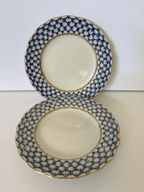 2 Cobalt Blue Net DESSERT BREAD Plate 7" 22k Gold Lomonosov Russian Porcelain