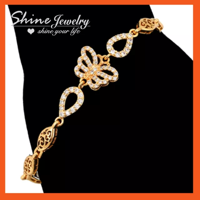 9K Gold Gf Filigree Crystal Butterfly Infinity Chain Band Bridal Bangle Bracelet