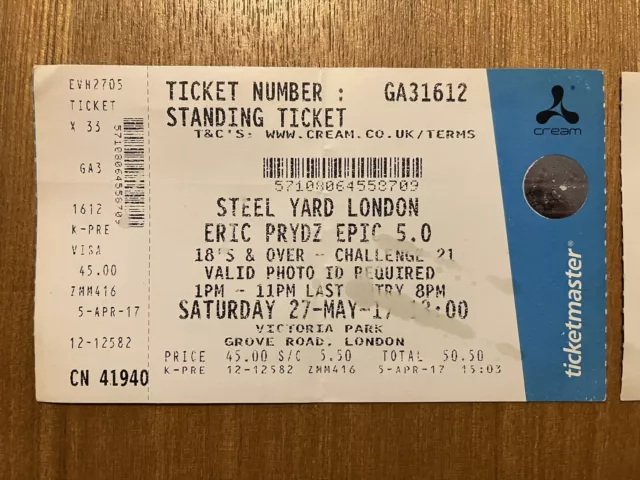 Cream Eric Prydz And Axwell & Ingrosso Used Ticket Stubs Steel Yard London 2017 2