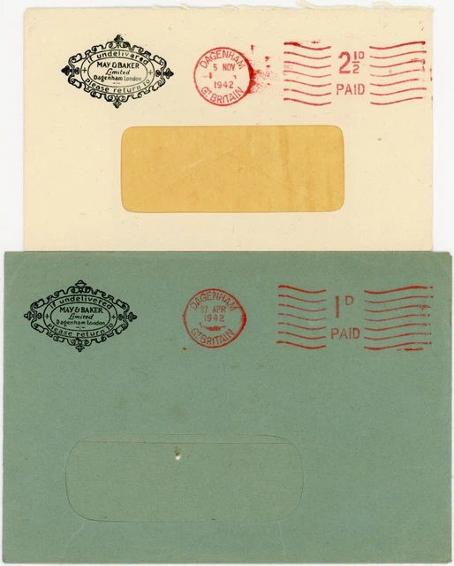 GB 1942 MACCHINA STAMPATA A PAGAMENTO PMKS 2 COPERTINE MAGGIO + BAKER DAGENHAM 1d + 2 1/2d