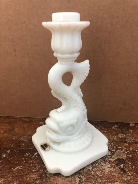Vintage CAMBRIDGE GLASS Figural Dolphin Candlestick Holder MILK WHITE