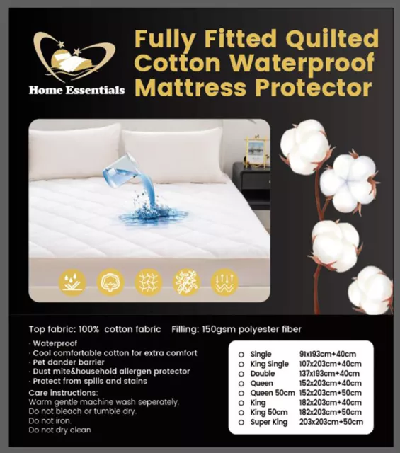 Quilted Cotton Waterproof Fully-Fitted Microfibre Mattress Protector All Sizes