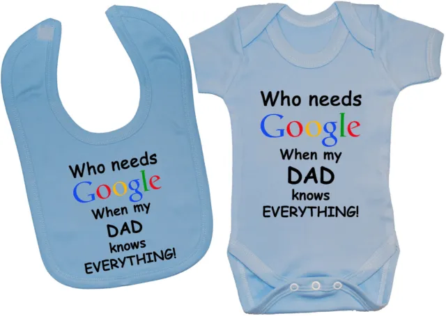 Who Needs Google Dad Baby Bodysuit Romper Vest & Feeding Bib 0-24mths Boy Girl