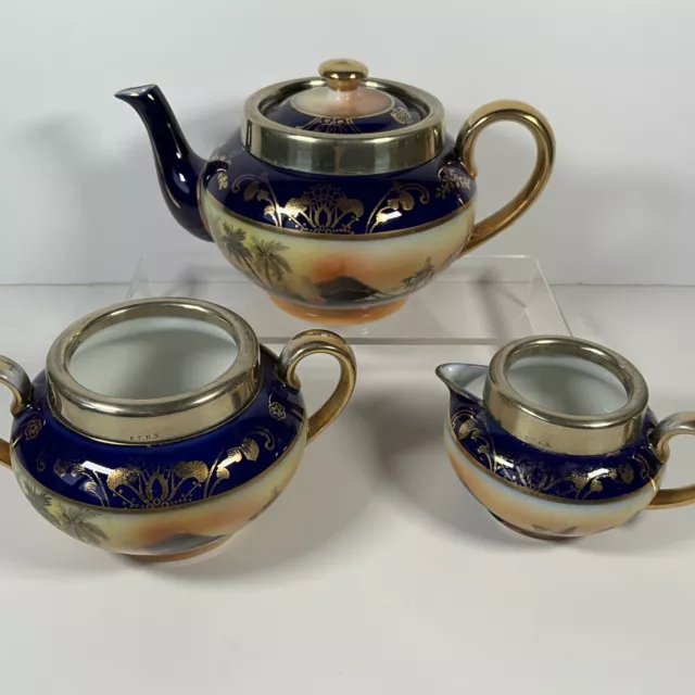 1930’s Art Deco Noritake Egyptian Revival Teapot  Creamer and Sugar Desert Scene