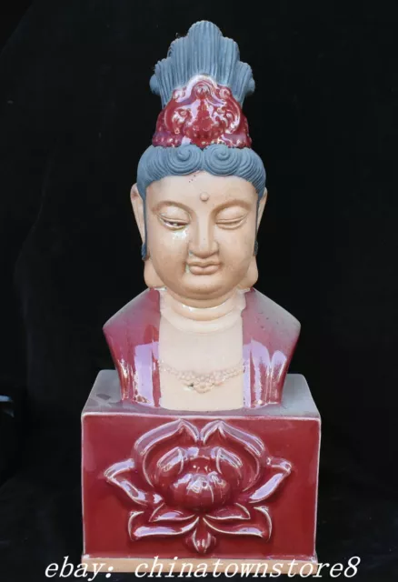 Old Chinese Dynasty Jun Kiln Porcelain Guanyin KwanYin Buddha Bust Lotus Statue