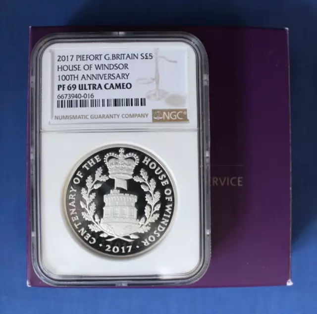 2017 Silver Piedfort Proof £5 coin "House of Windsor" NGC Graded PF69 with Case