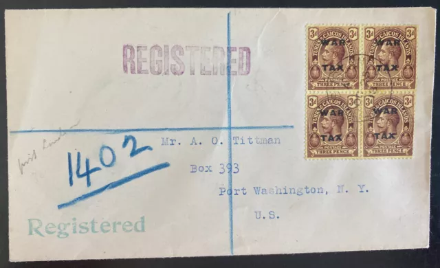 1918 Turks & Caicos Island Cover To Port Washington USA Tax War Stamp Overprints