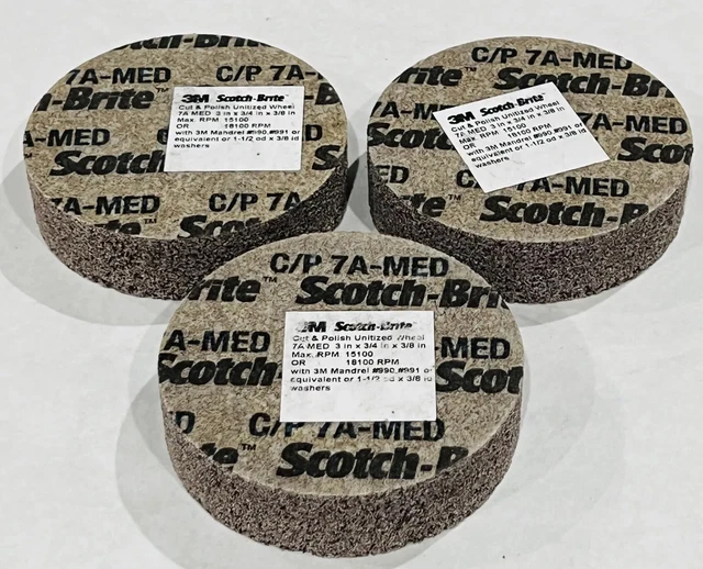 3- Piece 3M Scotch-Brite 3”x3/4"x3/8" 7A Med EXL Cut and Polish Unitized Wheel