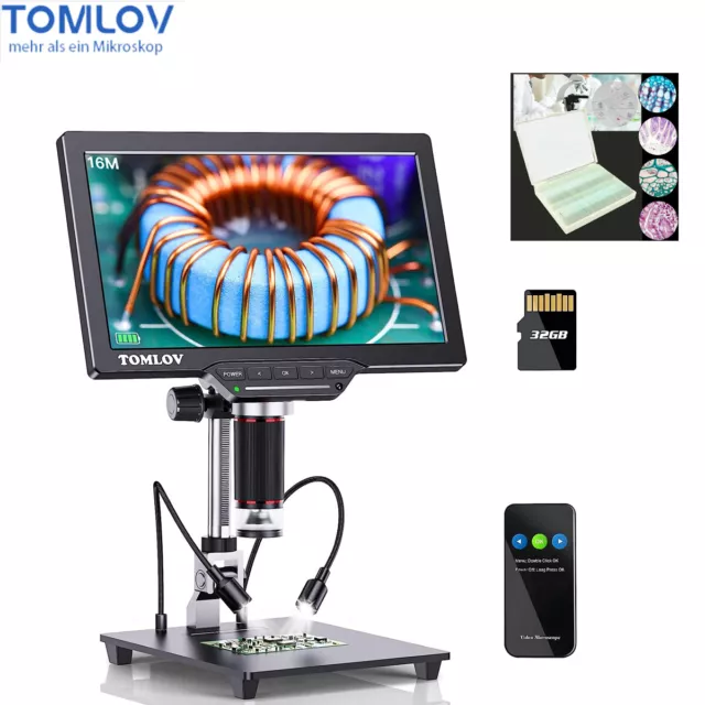 TOMLOV DM202 10.1'' HDMI LCD digitales Mikroskop 26cm ständer 16MP+Glass Slide