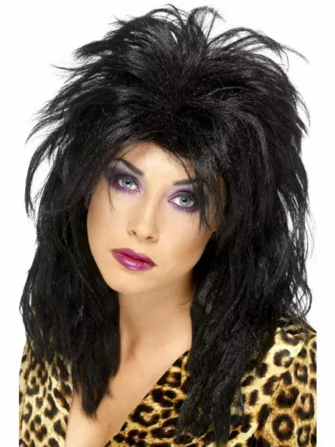 80s Rock Diva Parrucca Nera Tina Messy Mullet Donna Accessorio per Costume