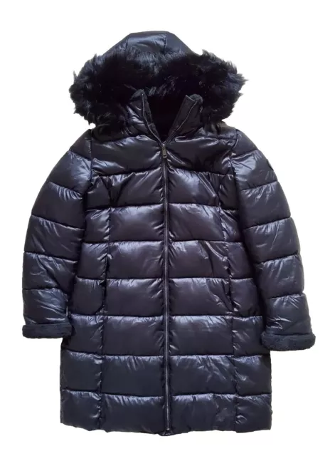 Ralph Lauren Puffermantel Jacke Damen M schwarz Kunstfell Zierleiste Kapuze Deadstock £ 450