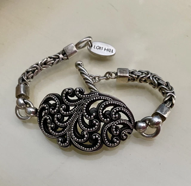 Lois Hill 925 Silver Oval Shield Toggle Bracelet Sz 7.25” Handmade Vintage